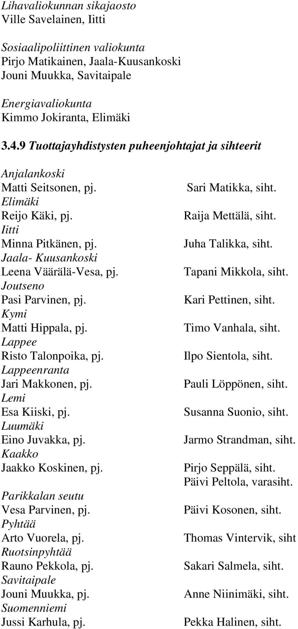 Joutseno Pasi Parvinen, pj. Kymi Matti Hippala, pj. Lappee Risto Talonpoika, pj. Lappeenranta Jari Makkonen, pj. Lemi Esa Kiiski, pj. Luumäki Eino Juvakka, pj. Kaakko Jaakko Koskinen, pj.