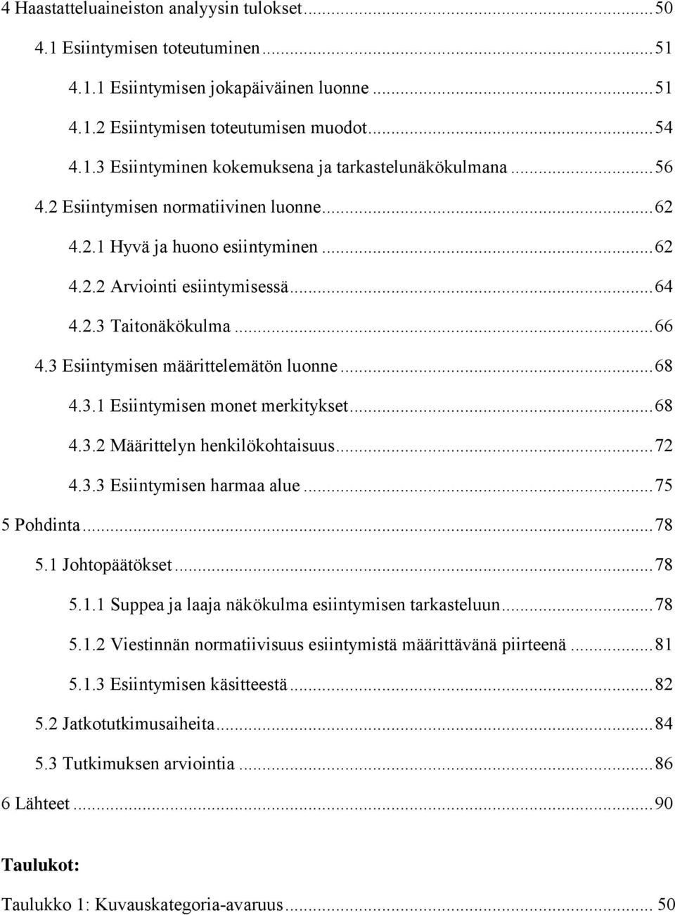 3.1 Esiintymisen monet merkitykset... 68 4.3.2 Määrittelyn henkilökohtaisuus... 72 4.3.3 Esiintymisen harmaa alue... 75 5 Pohdinta... 78 5.1 Johtopäätökset... 78 5.1.1 Suppea ja laaja näkökulma esiintymisen tarkasteluun.