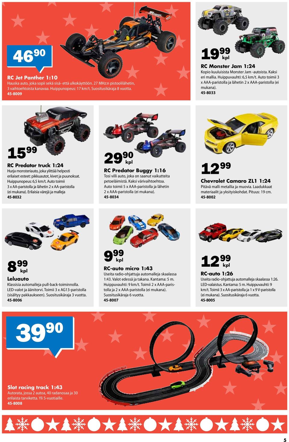 45-8033 15 99 29 90 RC Predator Buggy 1:16 RC Predator truck 1:24 Hurja monsteriauto, joka ylittää helposti erilaiset esteet: pikkuautot, kivet ja puunoksat. Huippunopeus: 6,5 km/t.
