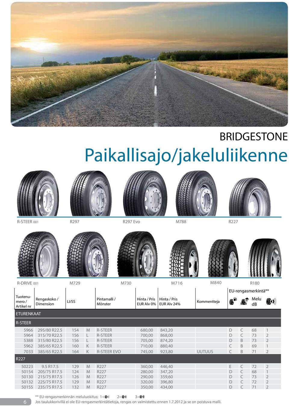 5 160 K R-STEER 710,00 880,40 C B 69 1 7033 385/65 R22.5 164 K R-STEER EVO 745,00 923,80 UUTUUS C B 71 2 R227 50223 9.5 R17.5 129 M R227 360,00 446,40 E C 72 2 50154 205/75 R17.