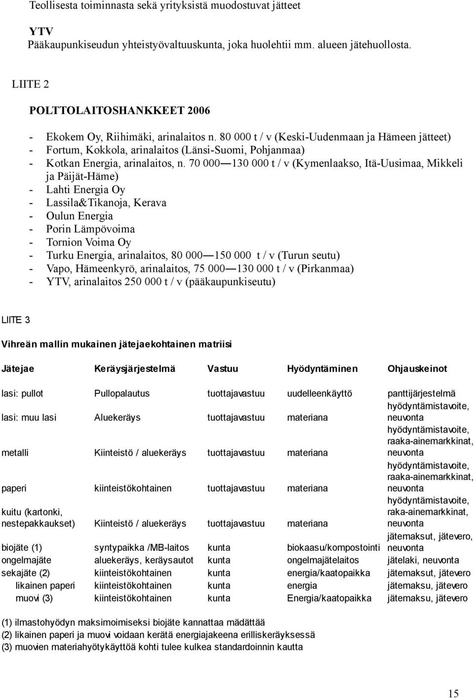 80 000 t / v (Keski-Uudenmaan ja Hämeen jätteet) - Fortum, Kokkola, arinalaitos (Länsi-Suomi, Pohjanmaa) - Kotkan Energia, arinalaitos, n.