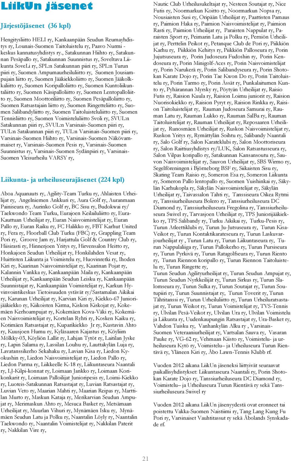 Jousiampujain liitto ry, Suomen Jääkiekkoliitto ry, Suomen Jääkolkkaliitto ry, Suomen Koripalloliitto ry, Suomen Kuntoliikuntaliitto ry, Suomen Käsipalloliitto ry, Suomen Lentopalloliitto ry, Suomen
