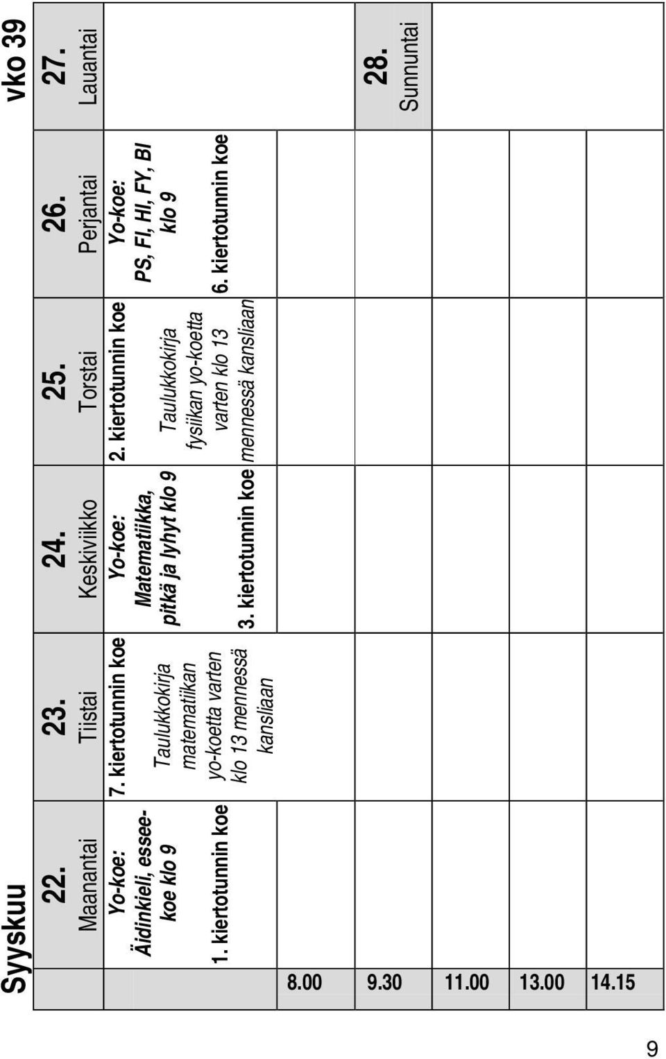 23. 7. kiertotunnin koe Taulukkokirja matematiikan yo-koetta varten klo 13 mennessä kansliaan 22.