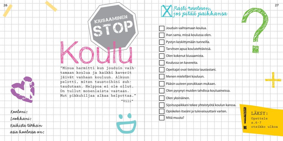 Ihan sama, missä koulussa olen. Pystyn keskittymään tunneilla. Tarvitsen apua koulutehtävissä. Olen kokenut kiusaamista. Koulussa on kavereita. Opettajat ovat tietoisia taustastani.