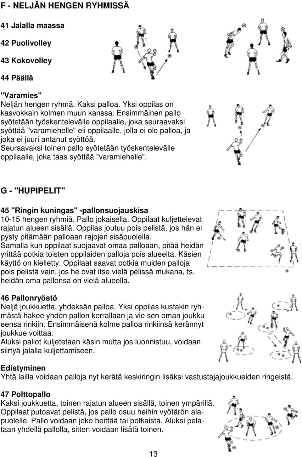 Seuraavaksi toinen pallo syötetään työskentelevälle oppilaalle, joka taas syöttää "varamiehelle". G - "HUPIPELIT" 45 "Ringin kuningas" -pallonsuojauskisa 10-15 hengen ryhmiä. Pallo jokaisella.