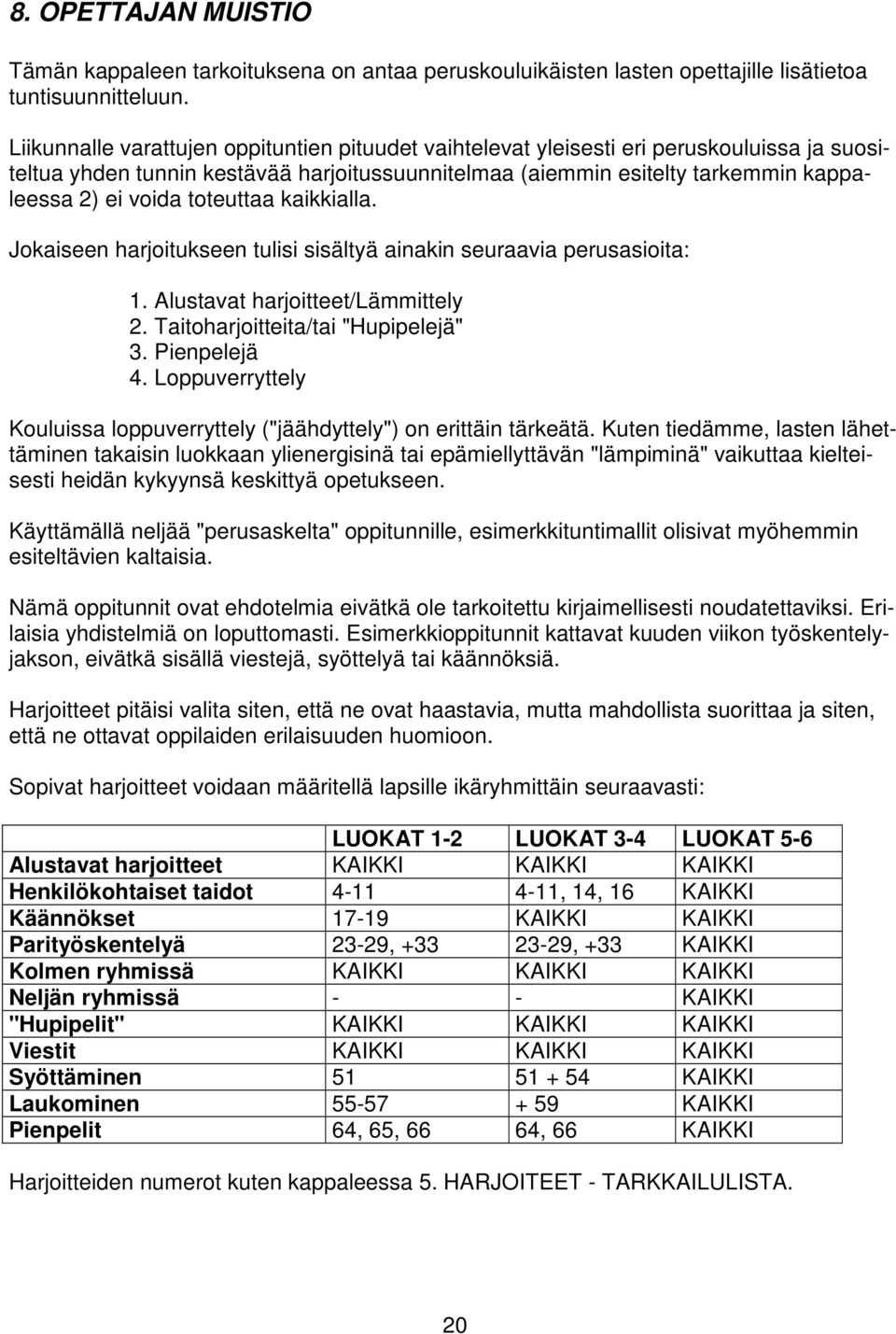 toteuttaa kaikkialla. Jokaiseen harjoitukseen tulisi sisältyä ainakin seuraavia perusasioita: 1. Alustavat /Lämmittely 2. Taitoharjoitteita/tai "Hupipelejä" 3. Pienpelejä 4.