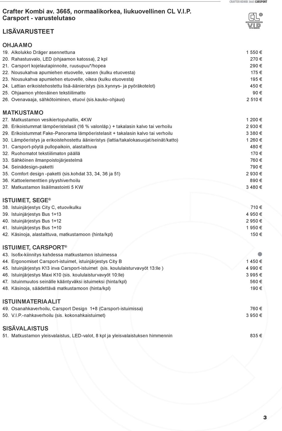 kynnys- ja pyöräkotelot) 450 25. Ohjaamon yhtenäinen tekstiilimatto 90 26. Ovenavaaja, sähkötoiminen, etuovi (sis.kauko-ohjaus) 2 510 MATKUSTAMO 27. Matkustamon vesikiertopuhallin, 4KW 1 200 28.