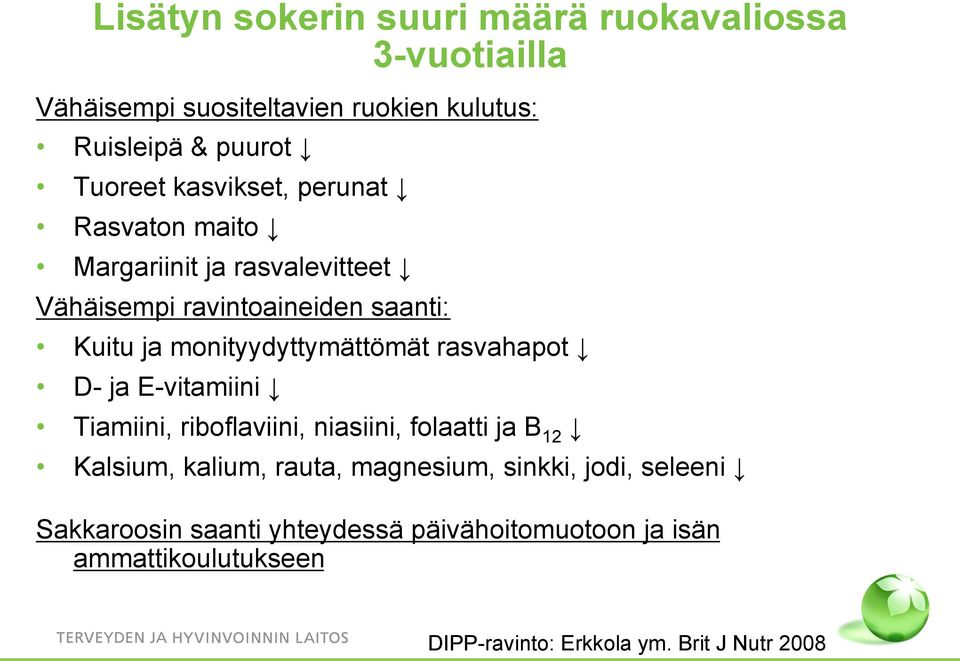 monityydyttymättömät rasvahapot D- ja E-vitamiini Tiamiini, riboflaviini, niasiini, folaatti ja B 12 Kalsium, kalium, rauta,