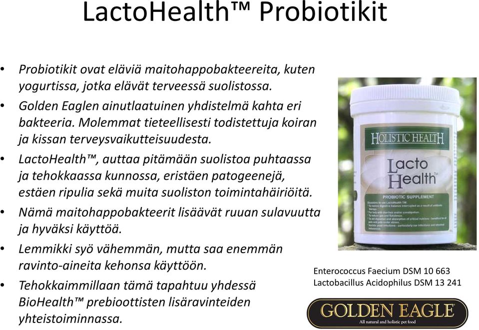 LactoHealth, auttaa pitämään suolistoa puhtaassa ja tehokkaassa kunnossa, eristäen patogeenejä, estäen ripulia sekä muita suoliston toimintahäiriöitä.