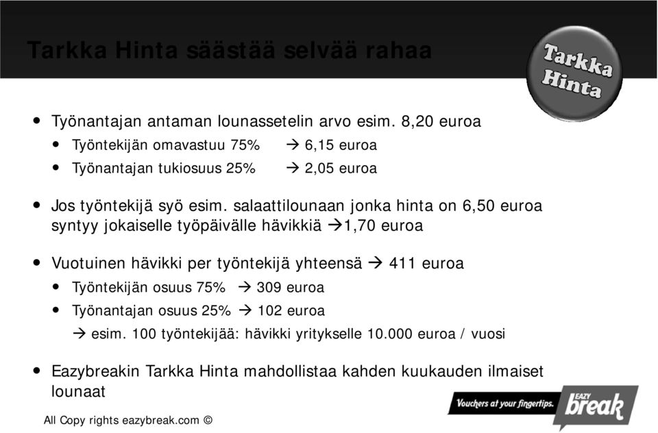 salaattilounaan jonka hinta on 6,50 euroa syntyy jokaiselle työpäivälle hävikkiä 1,70 70euroa Vuotuinen hävikki per työntekijä