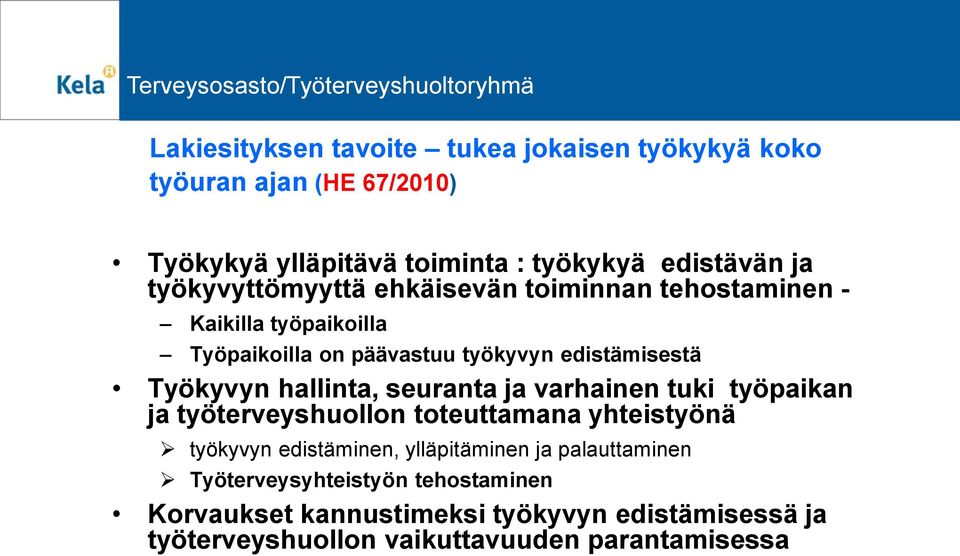 hallinta, seuranta ja varhainen tuki työpaikan ja työterveyshuollon toteuttamana yhteistyönä työkyvyn edistäminen, ylläpitäminen ja