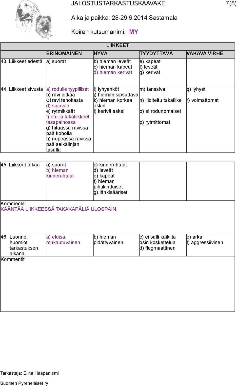 selkälinjan tasalla i) lyhyehköt m) tanssiva j) hieman sipsuttava k) hieman korkea n) liioiteltu takaliike askel l) kerivä askel o) ei rodunomaiset p) rytmittömät q) lyhyet r) voimattomat 45.