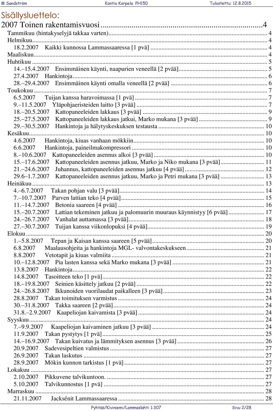 .. 7 9. 11.5.2007 Yläpohjaeristeiden laitto [3 pvää]... 7 18. 20.5.2007 Kattopaneeleiden lakkaus [3 pvää]... 9 25. 27.5.2007 Kattopaneeleiden lakkaus jatkui, Marko mukana [3 pvää]... 9 29. 30.5.2007 Hankintoja ja hälytyskeskuksen testausta.