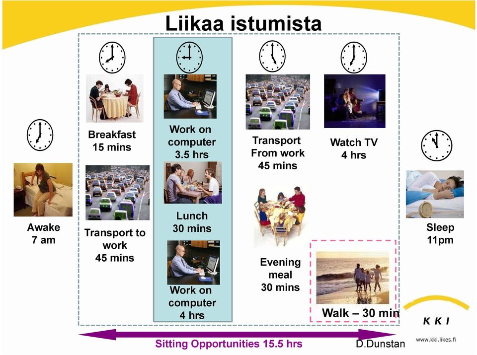 Transport to work 45 mins Lunch 30 mins Work on computer 4 hrs