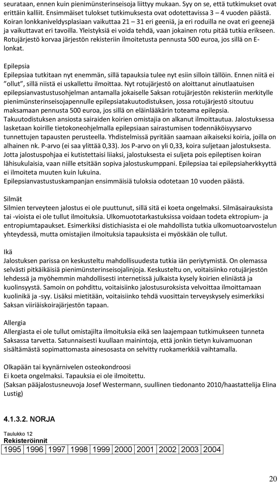 Rotujärjestö korvaa järjestön rekisteriin ilmoitetusta pennusta 500 euroa, jos sillä on E- lonkat. Epilepsia Epilepsiaa tutkitaan nyt enemmän, sillä tapauksia tulee nyt esiin silloin tällöin.