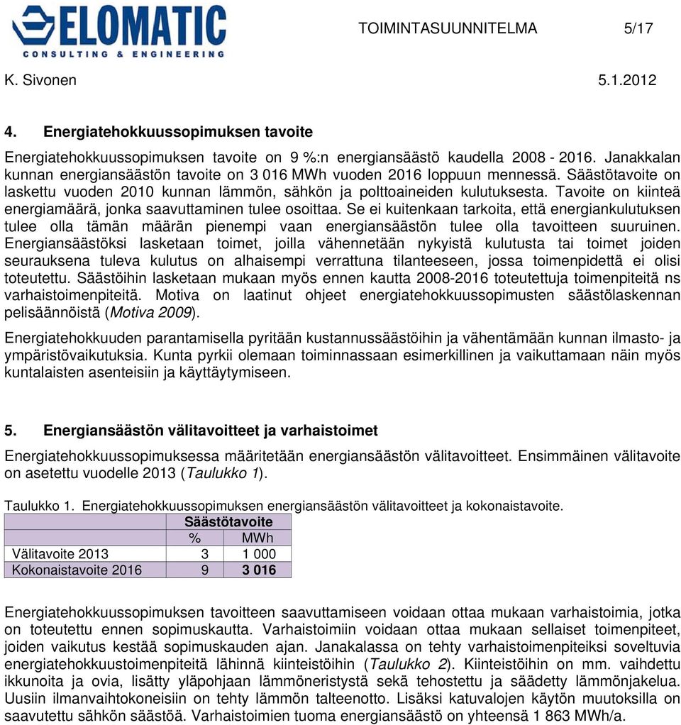 Tavoite on kiinteä energiamäärä, jonka saavuttaminen tulee osoittaa.