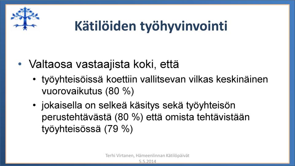 selkeä käsitys sekä työyhteisön perustehtävästä (80 %) että omista