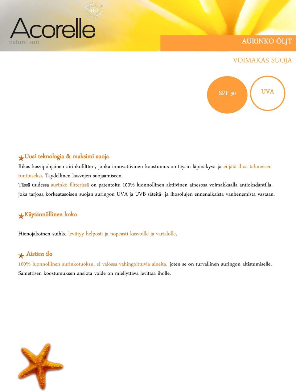 Tässä uudessa aurinko filtterissä on patentoitu 100% luonnollinen aktiivinen ainesosa voimakkaalla antioksdantilla, joka tarjoaa korkeatasoisen suojan auringon ja UVB säteitä- ja ihosolujen