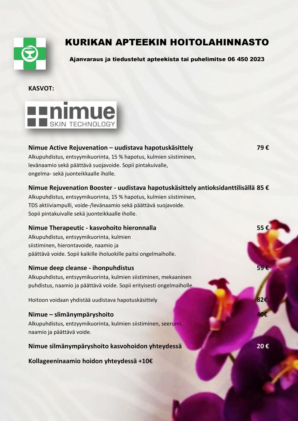 Nimue Rejuvenation Booster - uudistava hapotuskäsittely antioksidanttilisällä 85 Alkupuhdistus, entsyymikuorinta, 15 % hapotus, kulmien siistiminen, TDS aktiiviampulli, voide-/levänaamio sekä