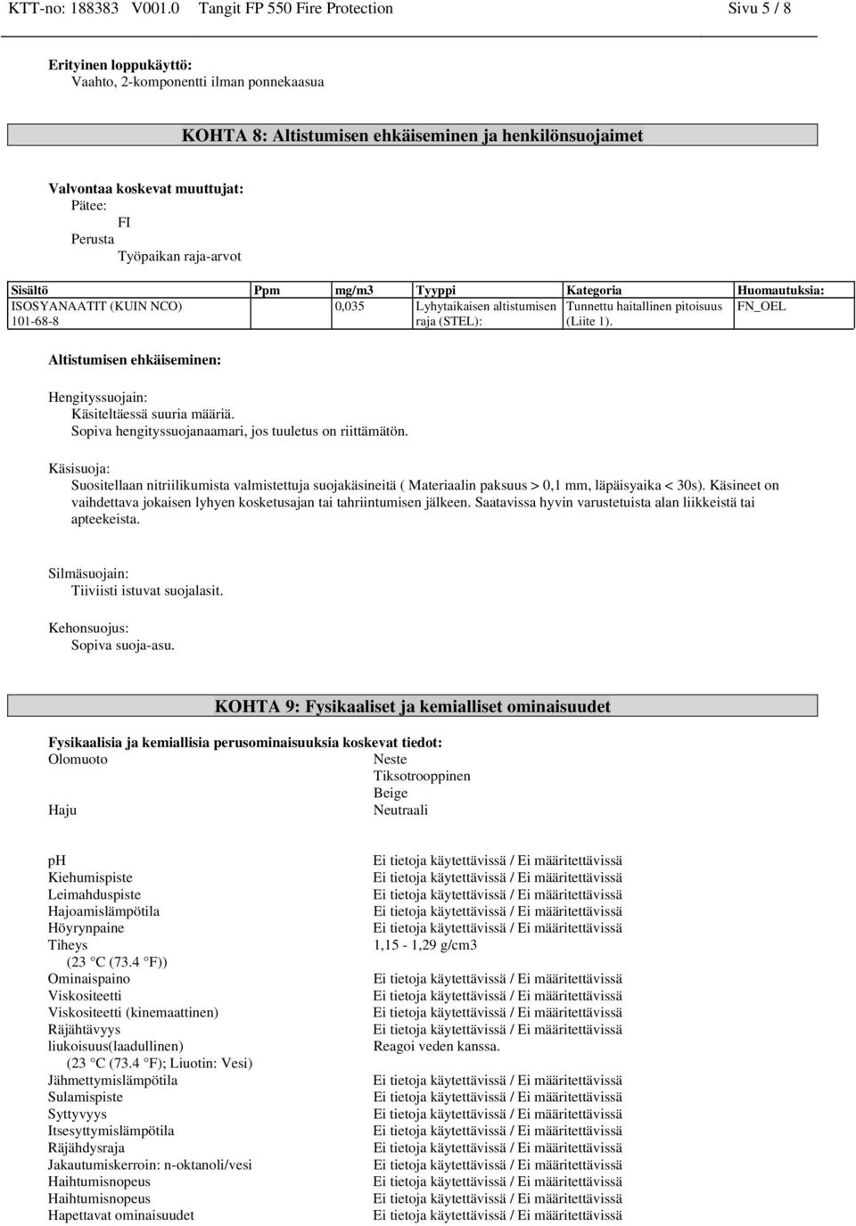 FI Perusta Työpaikan raja-arvot Sisältö Ppm mg/m3 Tyyppi Kategoria Huomautuksia: ISOSYANAATIT (KUIN NCO) 0,035 Lyhytaikaisen altistumisen Tunnettu haitallinen pitoisuus FN_OEL 101-68-8 raja (STEL):