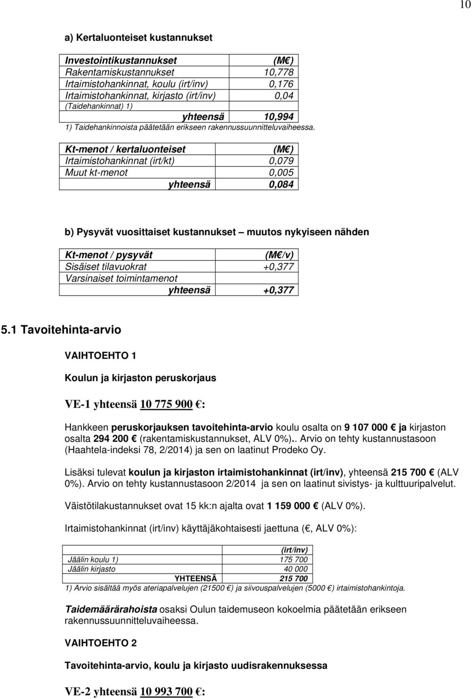 Kt-menot / kertaluonteiset (M ) Irtaimistohankinnat (irt/kt) 0,079 Muut kt-menot 0,005 yhteensä 0,084 b) Pysyvät vuosittaiset kustannukset muutos nykyiseen nähden Kt-menot / pysyvät (M /v) Sisäiset