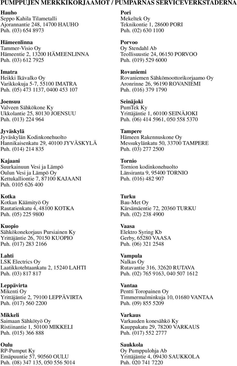 (019) 529 6000 Imatra Rovaniemi Heikki Ikävalko Oy Rovaniemen Sähkömoottorikorjaamo Oy Varikkokuja 5-7, 55100 IMATRA Aronrinne 26, 96190 ROVANIEMI Puh. (05) 473 1137, 0400 453 107 Puh.