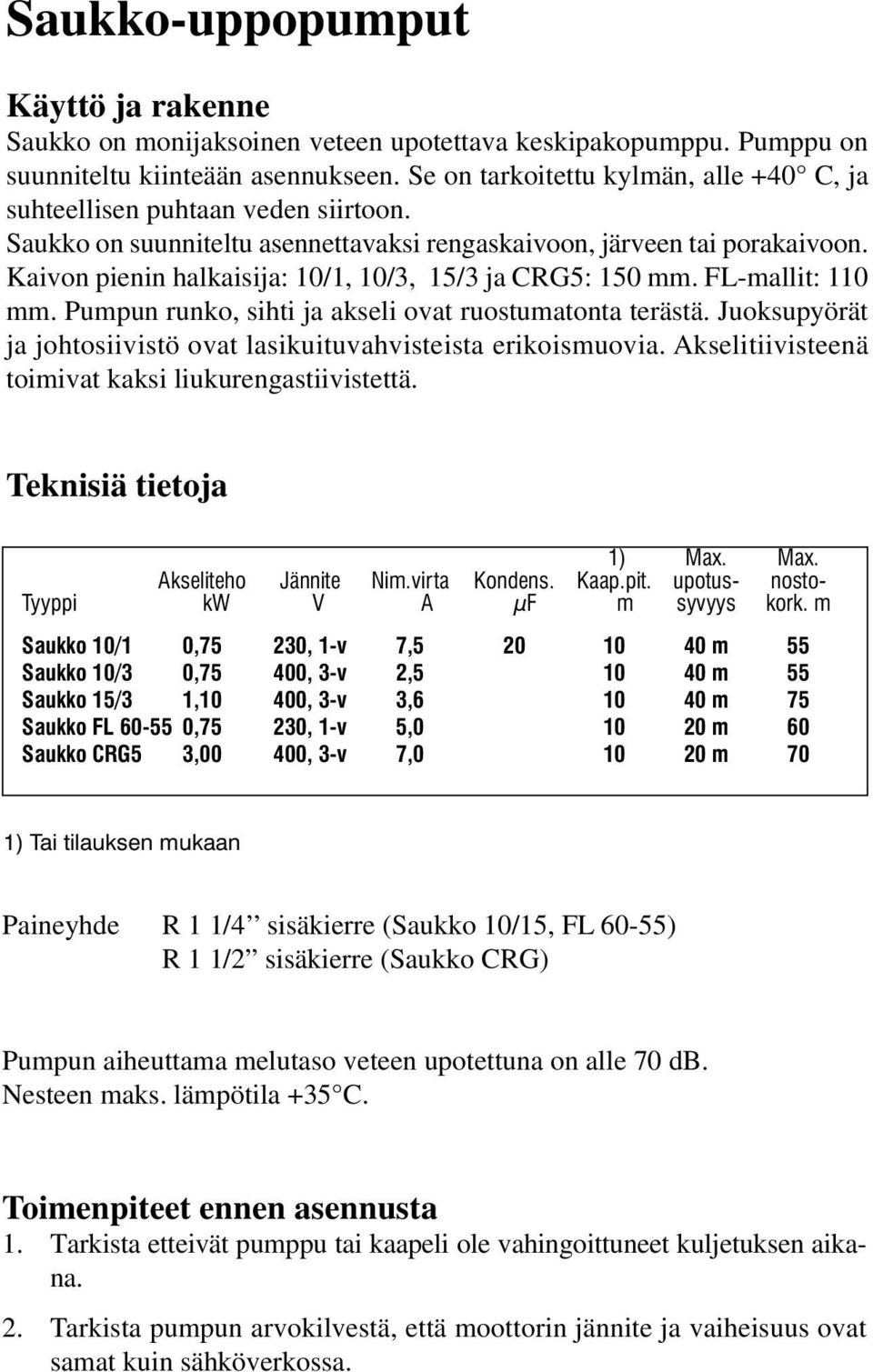 Kaivon pienin halkaisija: 10/1, 10/3, 15/3 ja CRG5: 150 mm. FL-mallit: 110 mm. Pumpun runko, sihti ja akseli ovat ruostumatonta terästä.