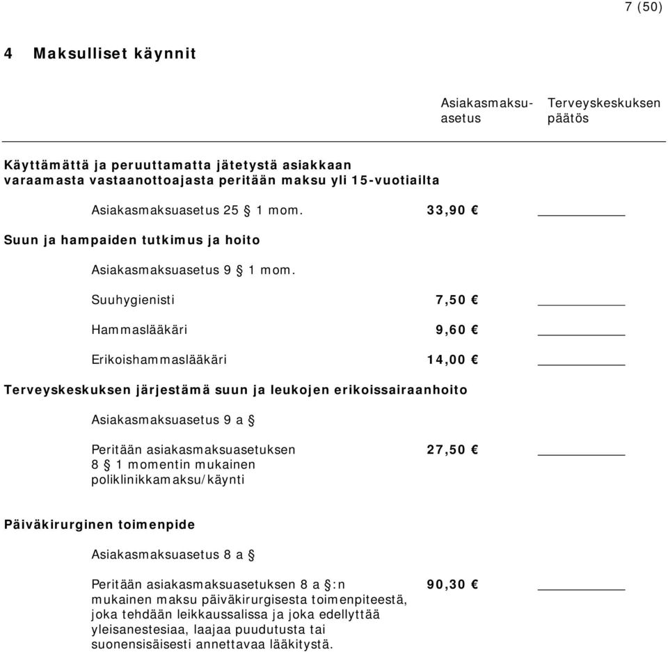 Suuhygienisti 7,50 Hammaslääkäri 9,60 Erikoishammaslääkäri 14,00 Terveyskeskuksen järjestämä suun ja leukojen erikoissairaanhoito Asiakasmaksuasetus 9 a Peritään asiakasmaksuasetuksen 27,50 8 1