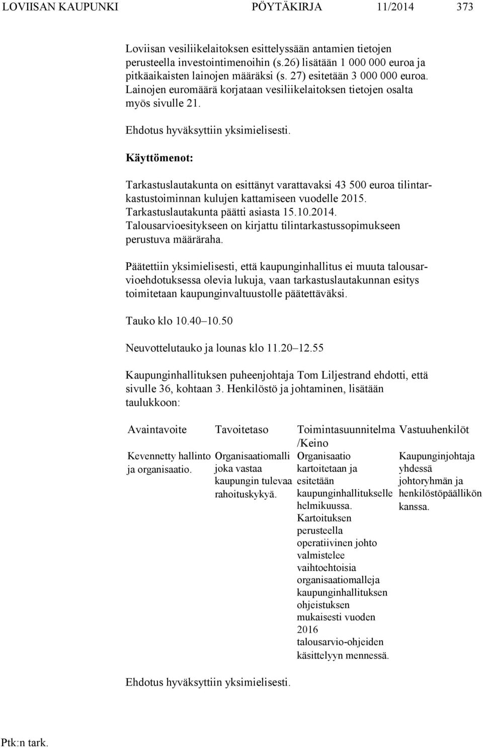 Ehdotus hyväksyttiin yksimielisesti. Käyttömenot: Tarkastuslautakunta on esittänyt varattavaksi 43 500 euroa ti lin tarkas tus toi min nan kulujen kattamiseen vuodelle 2015.