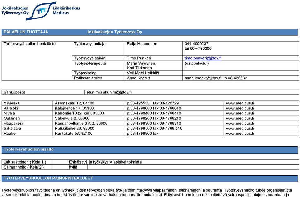 fi Ylivieska Asemakatu 12, 84100 p 08-425533 fax 08-420729 www.medicus.fi Kalajoki Kalajoentie 17, 85100 p 08-4798600 fax 08-4798610 www.medicus.fi Nivala Kalliontie 18 (2.