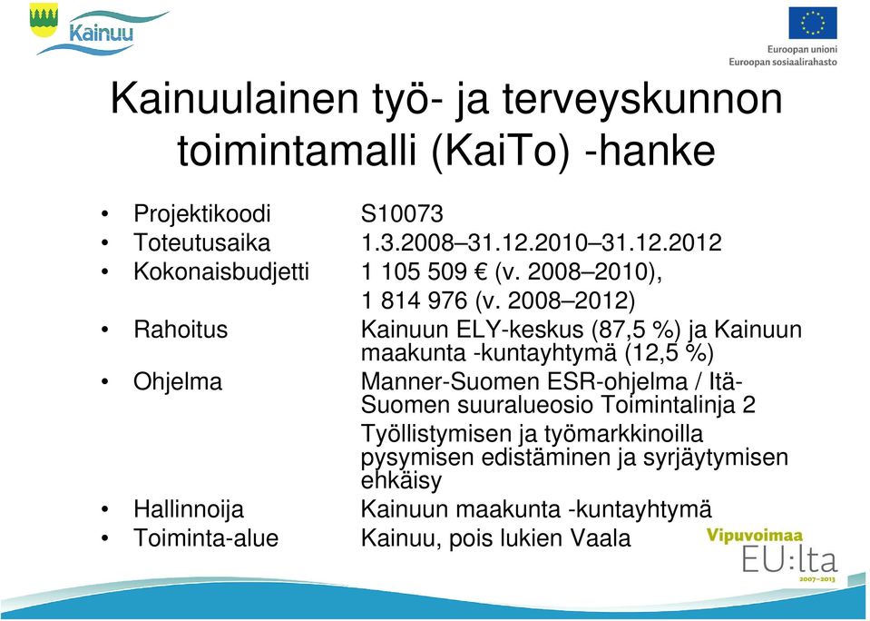 2008 2012) Rahoitus Kainuun ELY-keskus (87,5 %) ja Kainuun maakunta -kuntayhtymä (12,5 %) Ohjelma Manner-Suomen ESR-ohjelma /