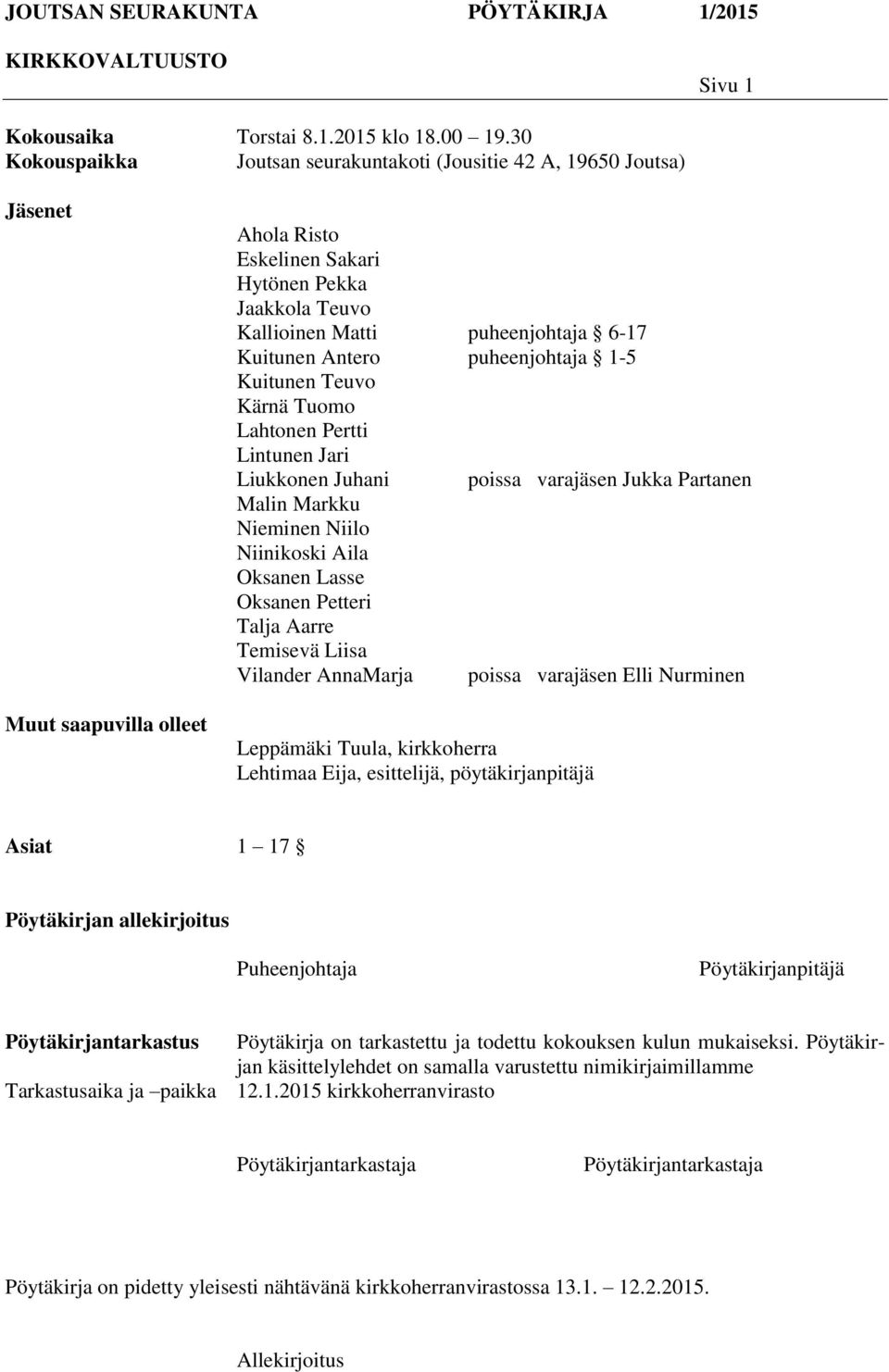 Kuitunen Antero puheenjohtaja 1-5 Kuitunen Teuvo Kärnä Tuomo Lahtonen Pertti Lintunen Jari Liukkonen Juhani poissa varajäsen Jukka Partanen Malin Markku Nieminen Niilo Niinikoski Aila Oksanen Lasse