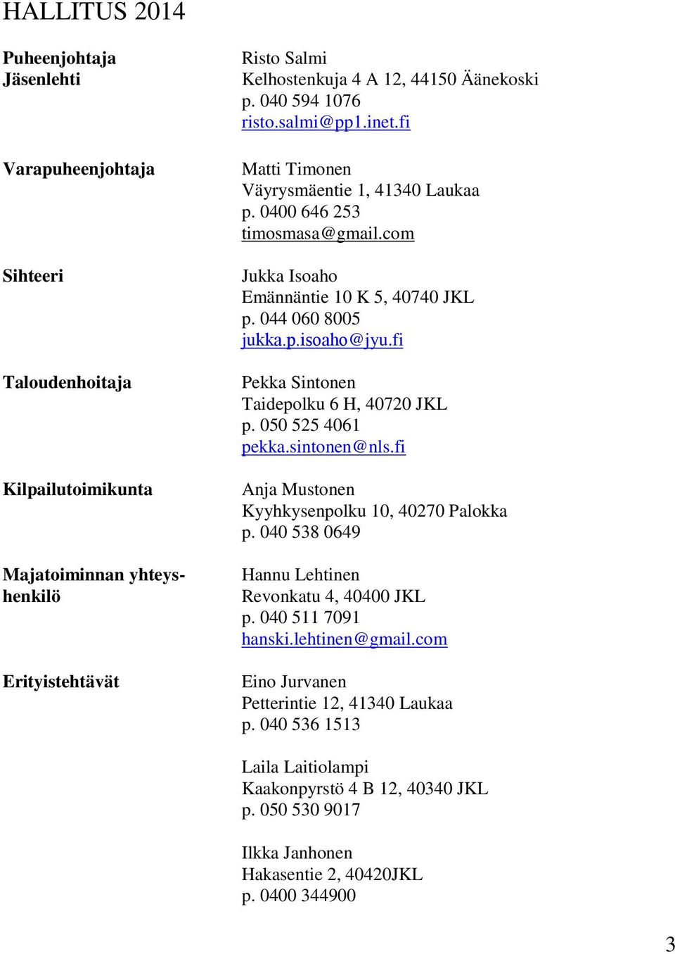fi Pekka Sintonen Taidepolku 6 H, 40720 JKL p. 050 525 4061 pekka.sintonen@nls.fi Anja Mustonen Kyyhkysenpolku 10, 40270 Palokka p. 040 538 0649 Hannu Lehtinen Revonkatu 4, 40400 JKL p.