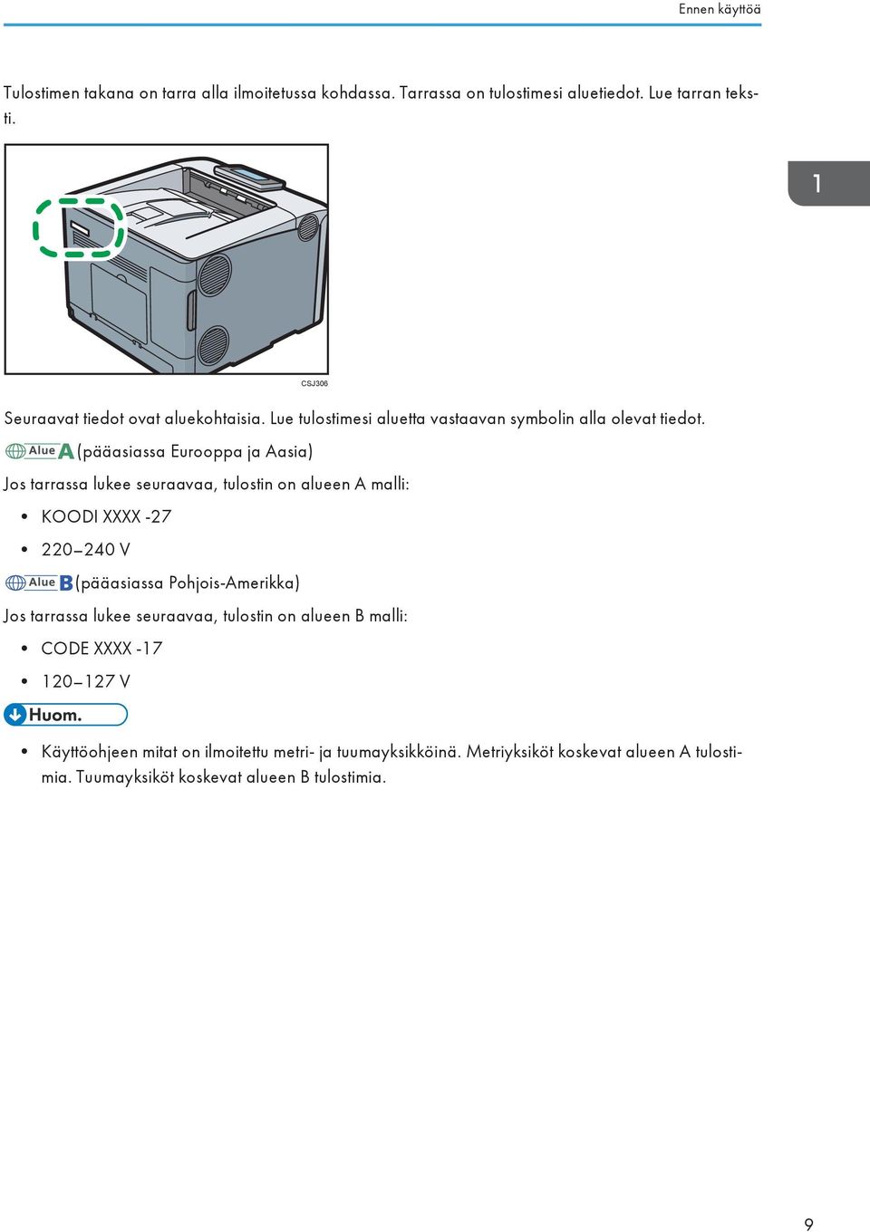 (pääasiassa Eurooppa ja Aasia) Jos tarrassa lukee seuraavaa, tulostin on alueen A malli: KOODI XXXX -27 220 240 V (pääasiassa Pohjois-Amerikka) Jos