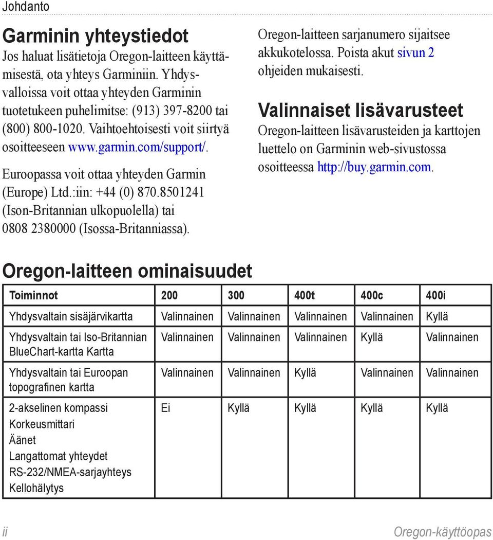 Euroopassa voit ottaa yhteyden Garmin (Europe) Ltd.:iin: +44 (0) 870.8501241 (Ison-Britannian ulkopuolella) tai 0808 2380000 (Isossa-Britanniassa). Oregon-laitteen sarjanumero sijaitsee akkukotelossa.