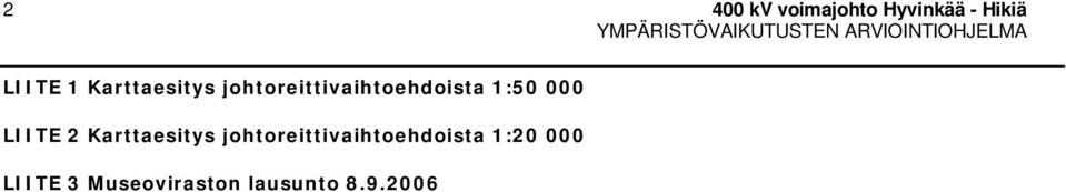 Karttaesitys johtoreittivaihtoehdoista 1:50 000 LIITE 2
