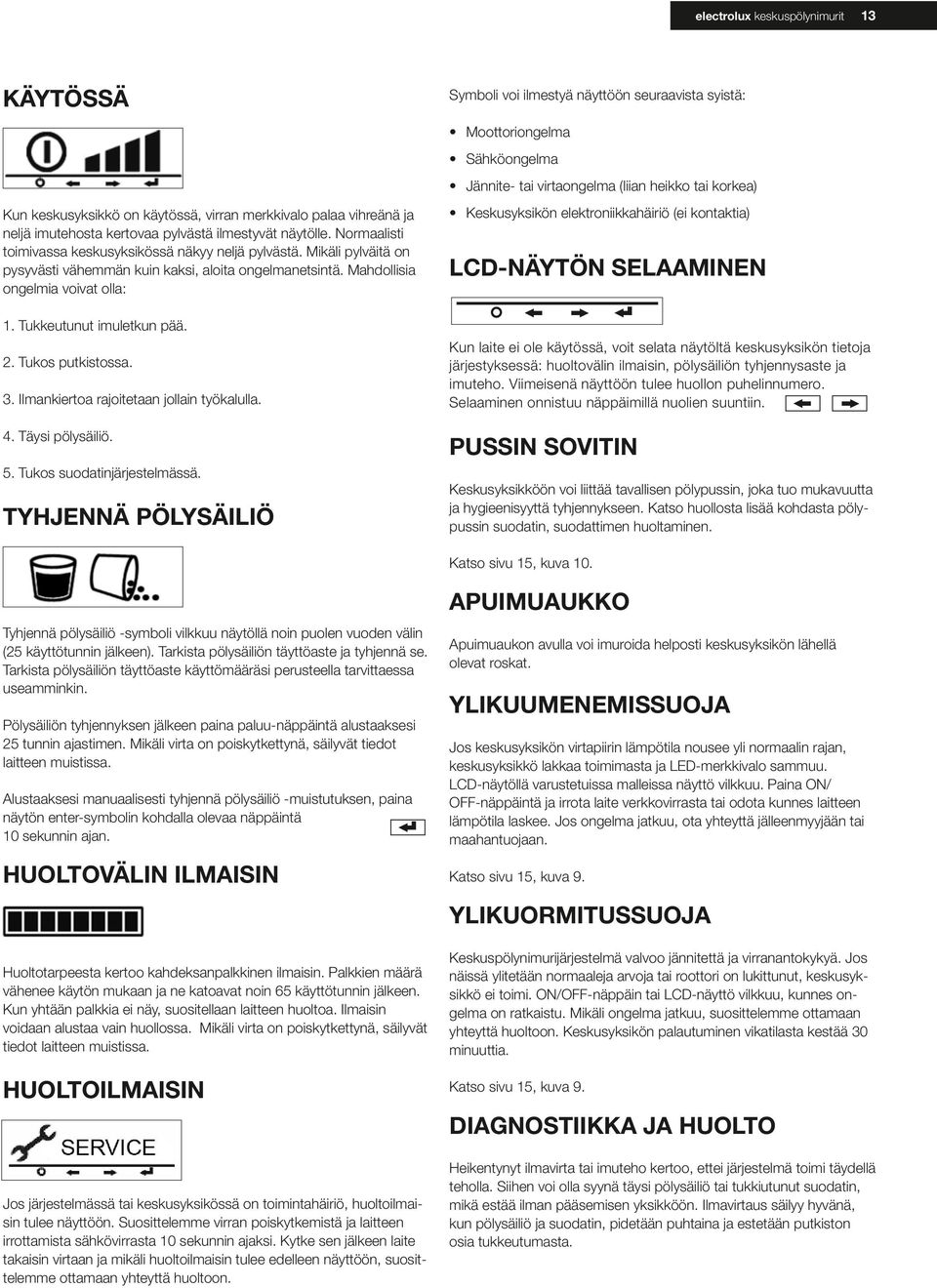 2. Tukos putkistossa. 3. Ilmankiertoa rajoitetaan jollain työkalulla. 4. Täysi pölysäiliö. 5. Tukos suodatinjärjestelmässä.