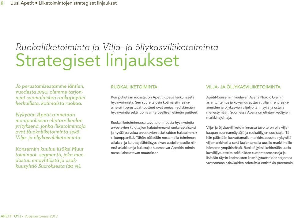 Nykyään Apetit tunnetaan monipuolisena elintarvikealan yrityksenä, jonka liiketoimintoja ovat Ruokaliiketoiminta sekä Vilja- ja öljykasviliiketoiminta.