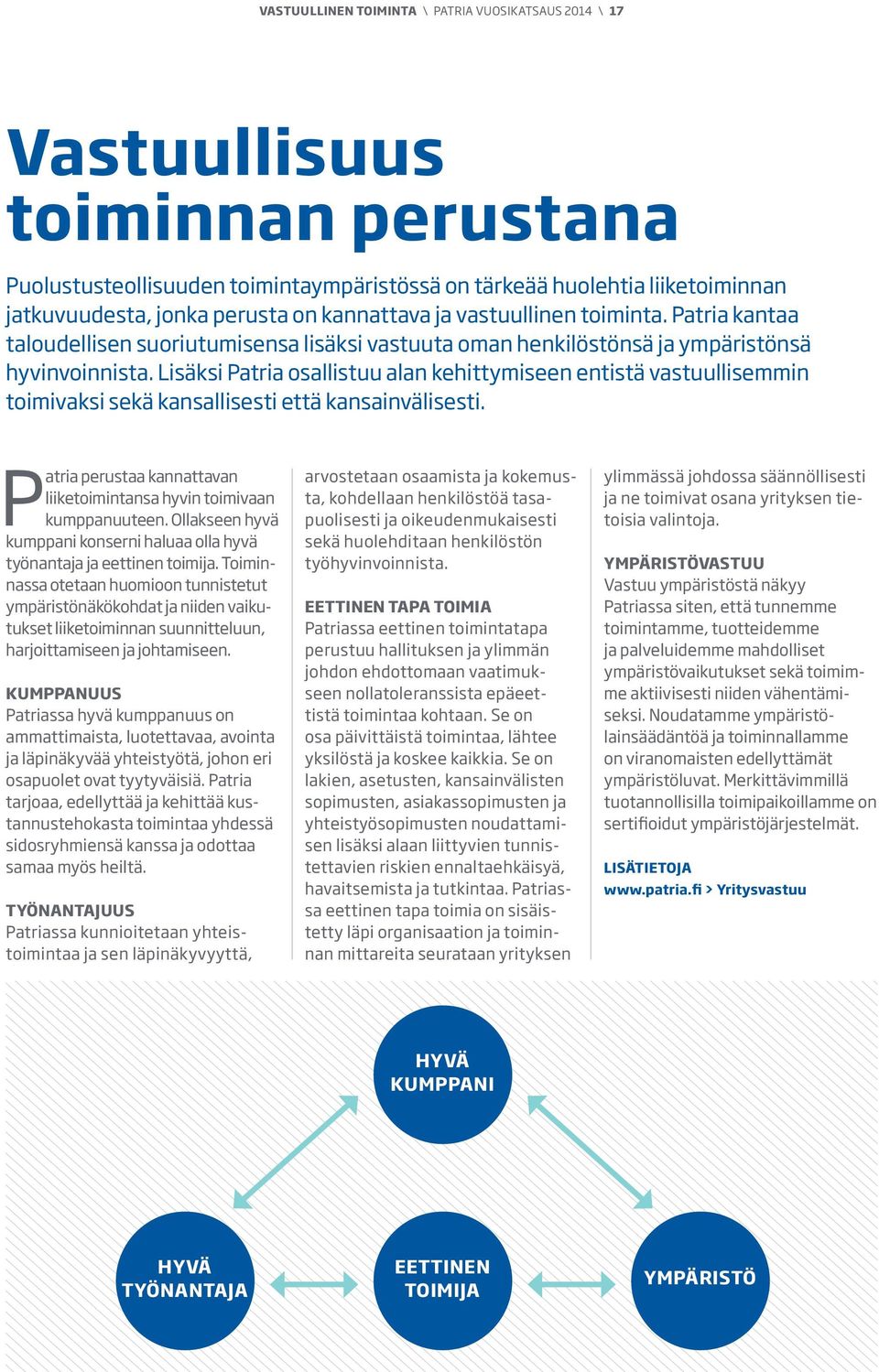 Lisäksi Patria osallistuu alan kehittymiseen entistä vastuullisemmin toimivaksi sekä kansallisesti että kansainvälisesti. Patria perustaa kannattavan liiketoimintansa hyvin toimivaan kumppanuuteen.