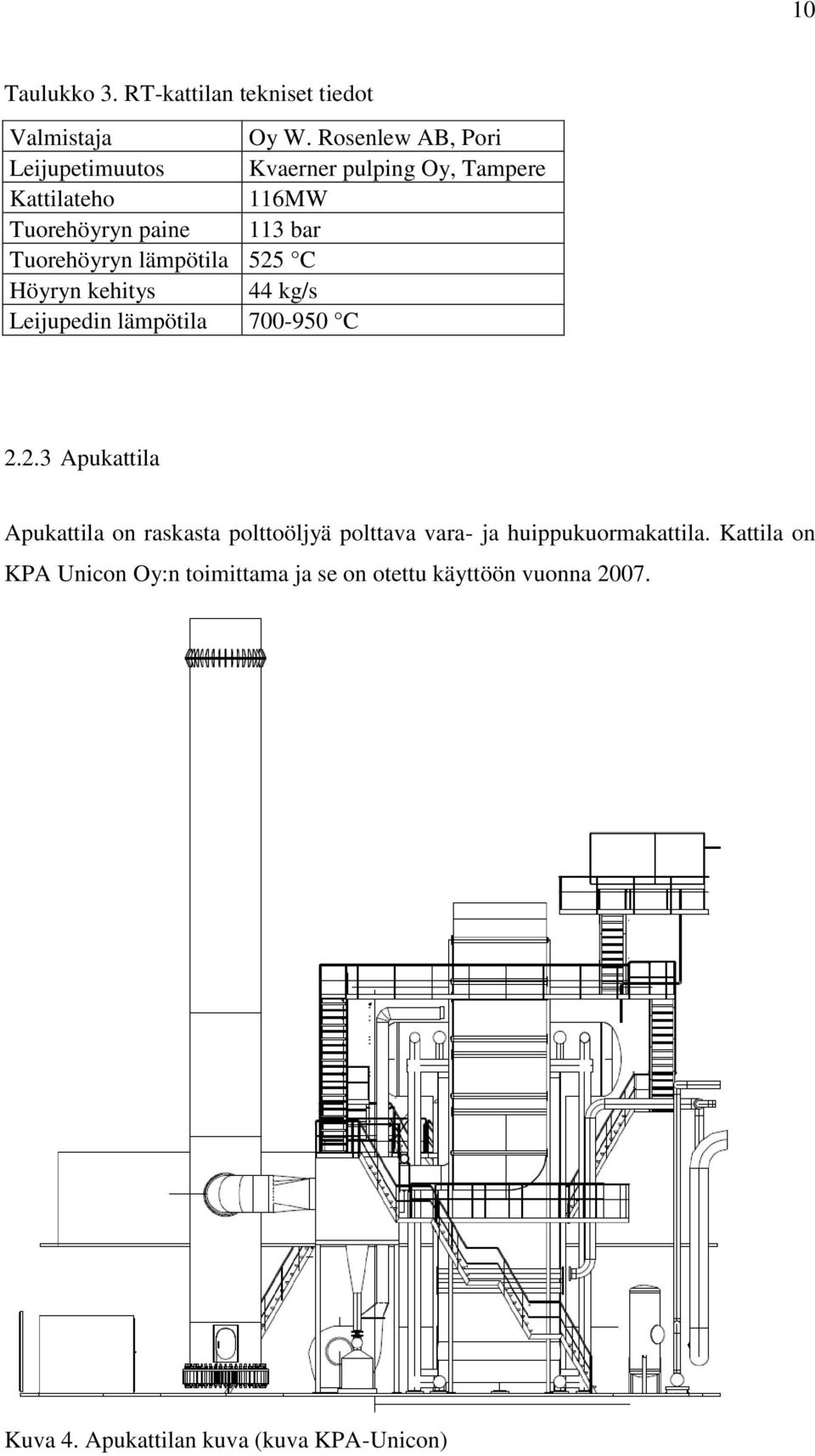 Tuorehöyryn lämpötila 525 C Höyryn kehitys 44 kg/s Leijupedin lämpötila 700-950 C 2.2.3 Apukattila Apukattila on raskasta polttoöljyä polttava vara- ja huippukuormakattila.