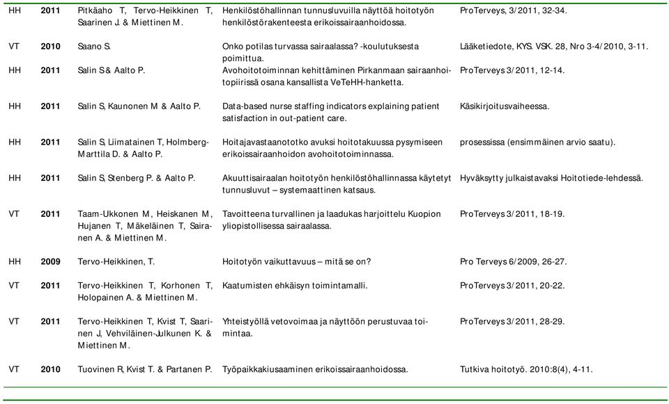 Avohoitotoiminnan kehittäminen Pirkanmaan sairaanhoitopiirissä osana kansallista VeTeHH-hanketta. HH 2011 Salin S, Kaunonen M & Aalto P.