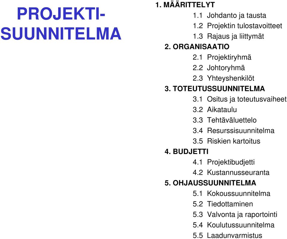 2 Aikataulu 3.3 Tehtäväluettelo 3.4 Resurssisuunnitelma 3.5 Riskien kartoitus 4. BUDJETTI 4.1 Projektibudjetti 4.