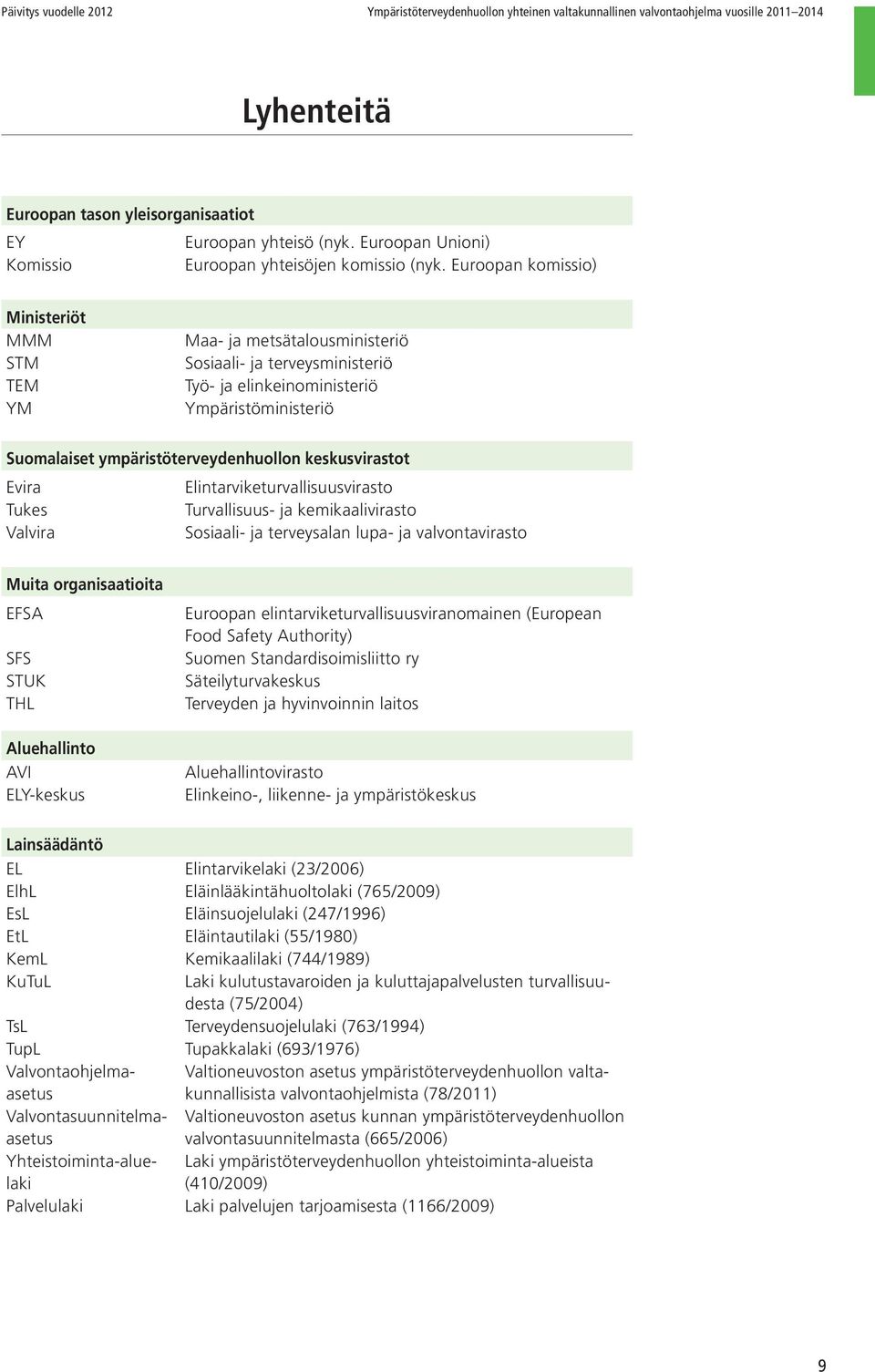 Euroopan komissio) Ministeriöt MMM STM TEM YM Maa- ja metsätalousministeriö Sosiaali- ja terveysministeriö Työ- ja elinkeinoministeriö Ympäristöministeriö Suomalaiset ympäristöterveydenhuollon