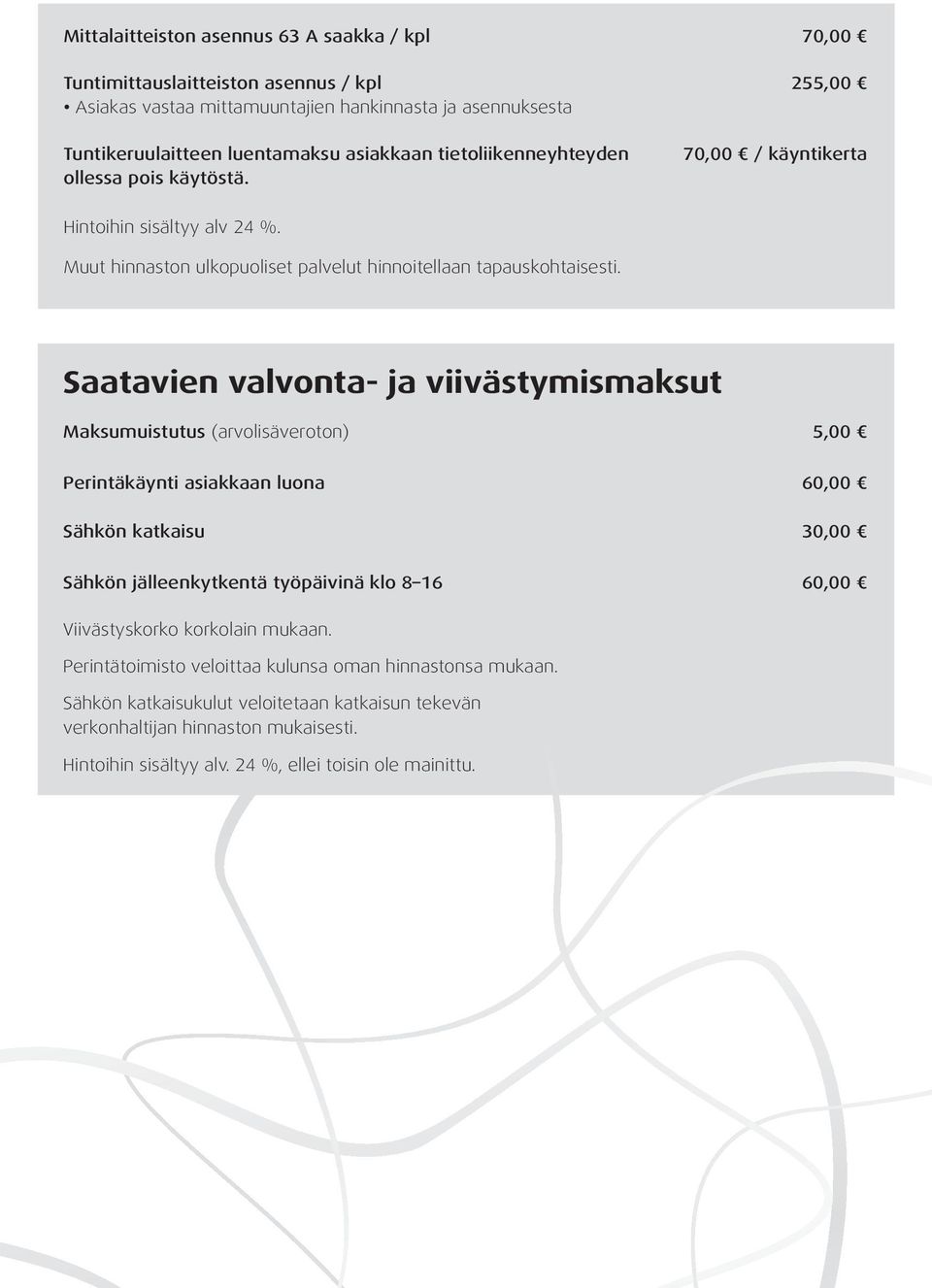 Saatavien valvonta- ja viivästymismaksut Maksumuistutus (arvolisäveroton) 5,00 Perintäkäynti asiakkaan luona 60,00 Sähkön katkaisu 30,00 Sähkön jälleenkytkentä työpäivinä klo 8 16 60,00