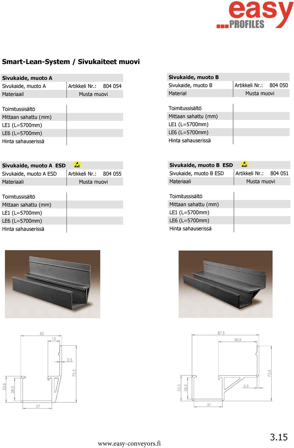 : 804 050 Material Musta muovi Mittaan sahattu (mm) LE1 (L=5700mm) LE6 (L=5700mm) Sivukaide, muoto A ESD Sivukaide, muoto A ESD Artikkeli Nr.