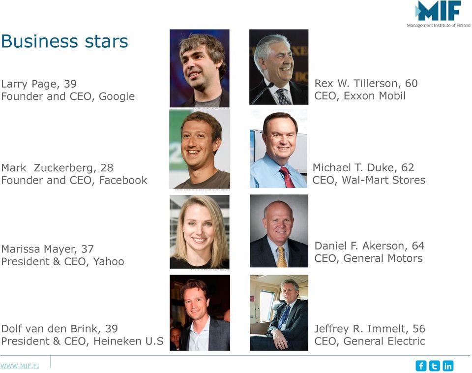 Duke, 62 CEO, Wal-Mart Stores Marissa Mayer, 37 President & CEO, Yahoo Daniel F.