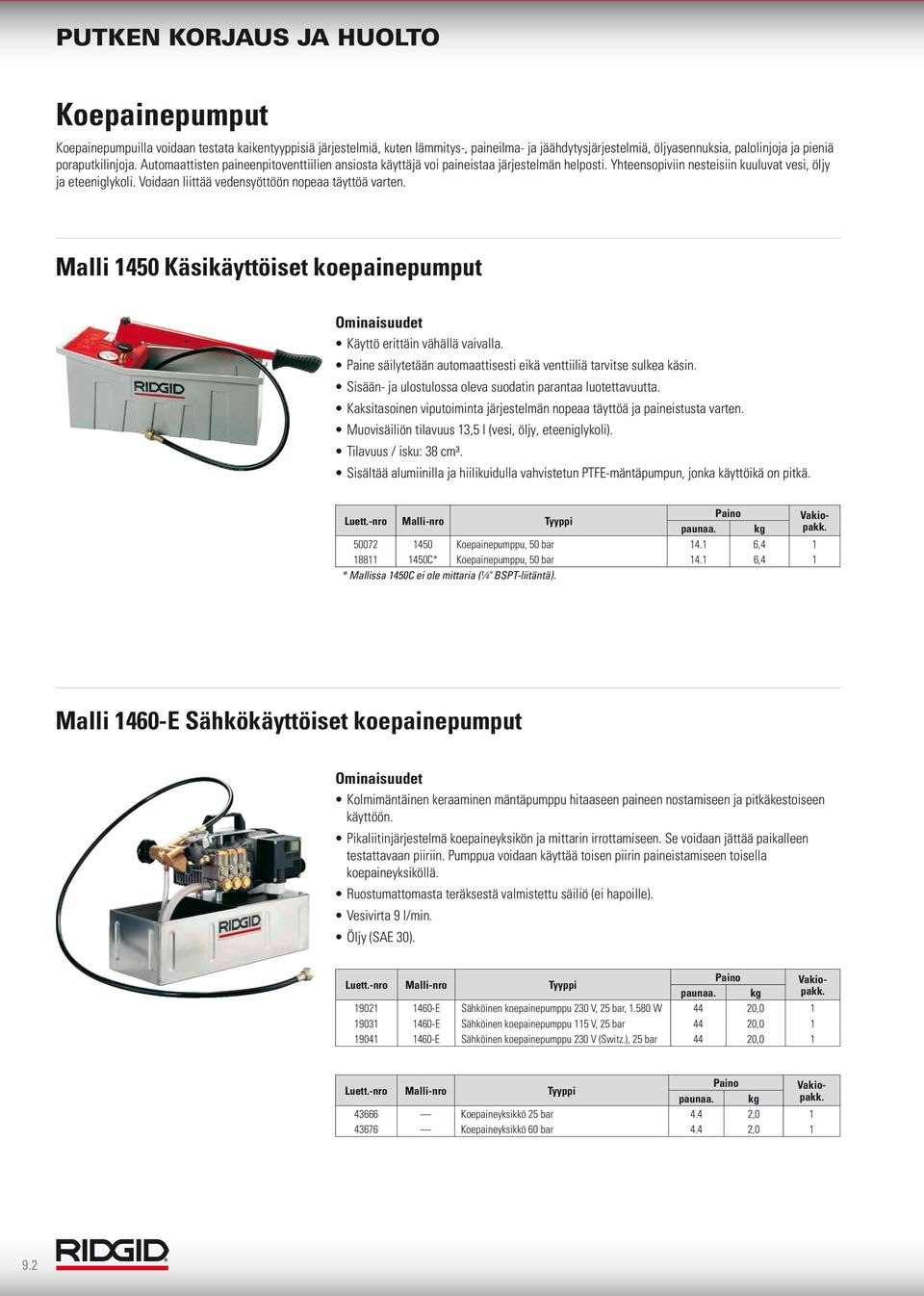 Voidaan liittää vedensyöttöön nopeaa täyttöä varten. Malli 1450 Käsikäyttöiset koepainepumput Käyttö erittäin vähällä vaivalla. Paine säilytetään automaattisesti eikä venttiiliä tarvitse sulkea käsin.