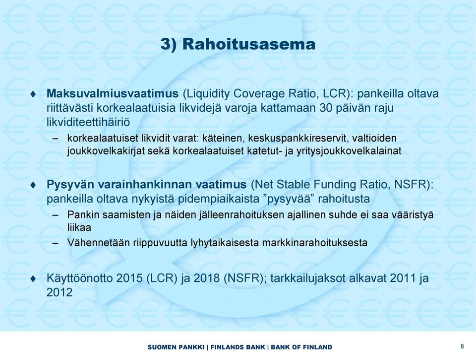 Pysyvän varainhankinnan vaatimus (Net Stable Funding Ratio, NSFR): pankeilla oltava nykyistä pidempiaikaista pysyvää rahoitusta Pankin saamisten ja näiden