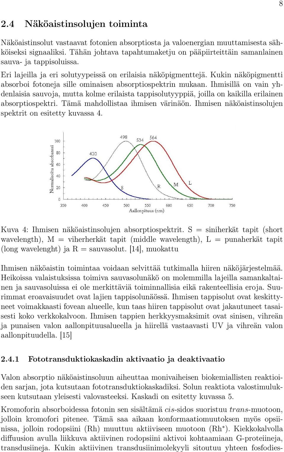 Kukin näköpigmentti absorboi fotoneja sille ominaisen absorptiospektrin mukaan.