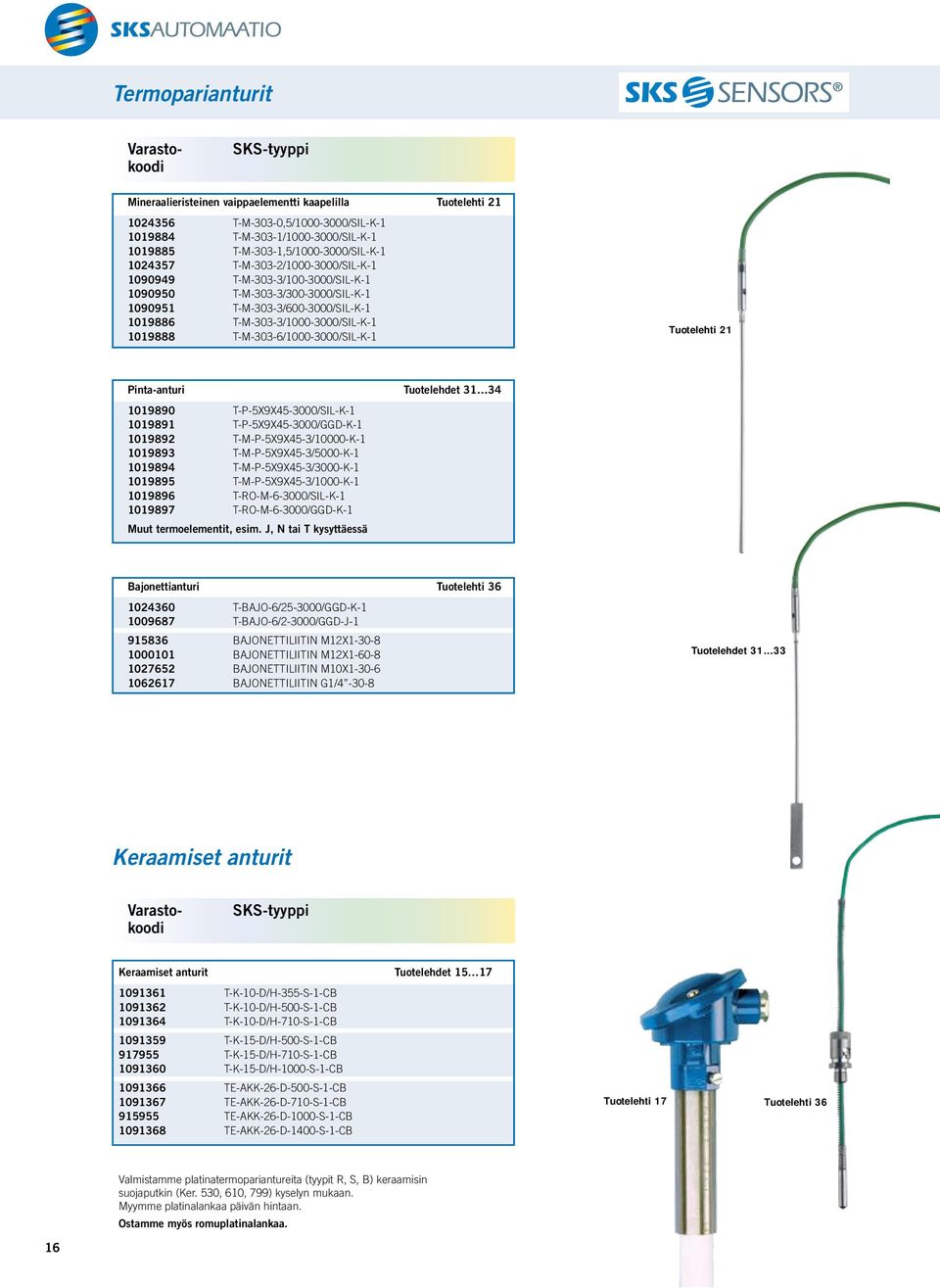 T-M-303-3/1000-3000/SIL-K-1 1019888 T-M-303-6/1000-3000/SIL-K-1 Tuotelehti 21 Pinta-anturi Tuotelehdet 31 34 1019890 T-P-5X9X45-3000/SIL-K-1 1019891 T-P-5X9X45-3000/GGD-K-1 1019892